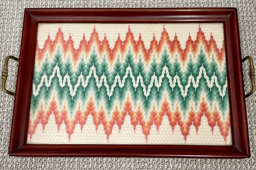Bargello Zig Zag Needlepoint Design Wooden Tray with Handles Felt Bottom BOHO Decor