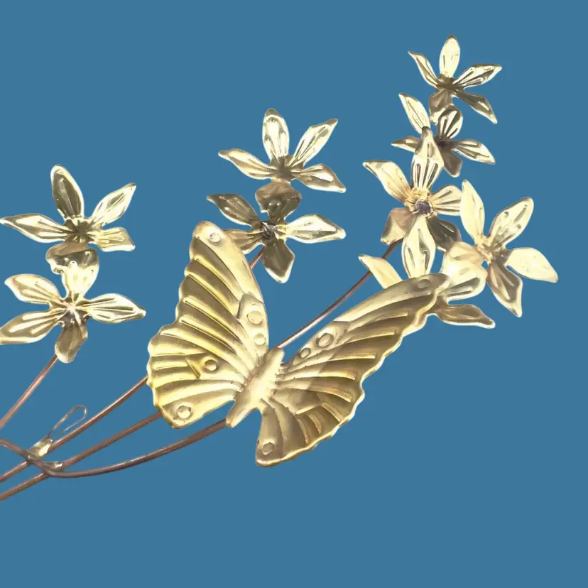 #113- Vintage Butterfly Bug Wall Decor Art Hanging Brass Tone Dogwood Flowers