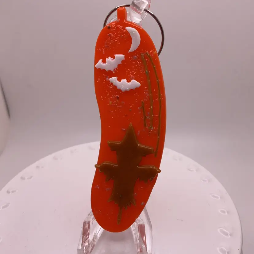 Made by Me! Fused Glass Scary Brown Scarecrow“In a Pickle" Ornament 3.25” Handcrafted Studio Art