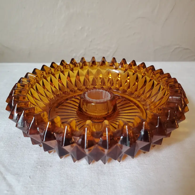 Indiana Glass Amber Diamond Point Round Candle Holder