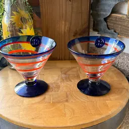 Vintage Kosta Boda Swedish Art Glass | Cobalt Blue & Orange Spiral Cocktail Glasses | Set of 2