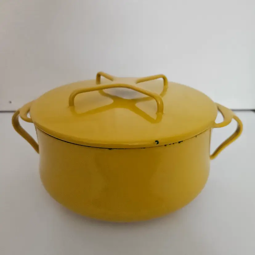 Vintage DANSK Kobenstyle Yellow Enamel 1 quart Pot Dutch Oven w Trivet Lid
