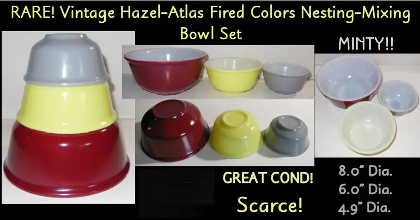Vintage & Rare, Hazel-Atlas Fired on Colors 3 Pc. Nesting Mixing Bowl Set