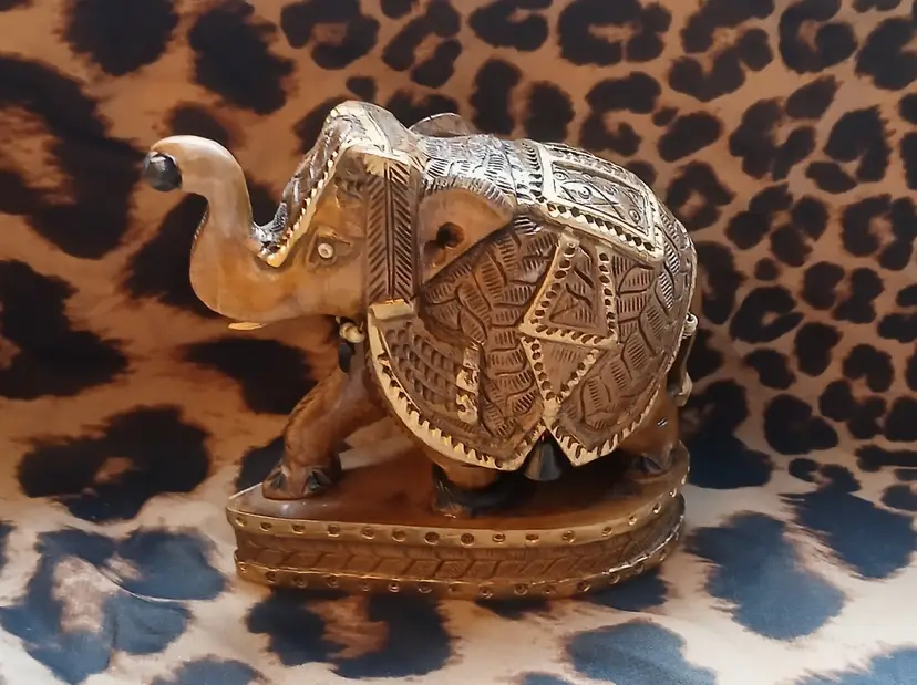 Vintage Carved Wood Elephant Brass Overlay Trunk Up Good Luck Figurine 4.5"
