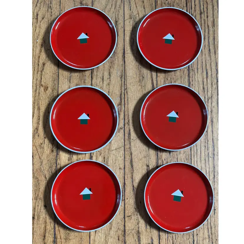 Vintage Katja Red Coaster Set with Green & White House Simple Design Minimalist