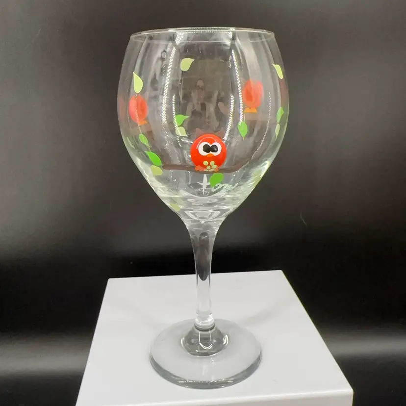 Hand Painted Owl Wine Glass