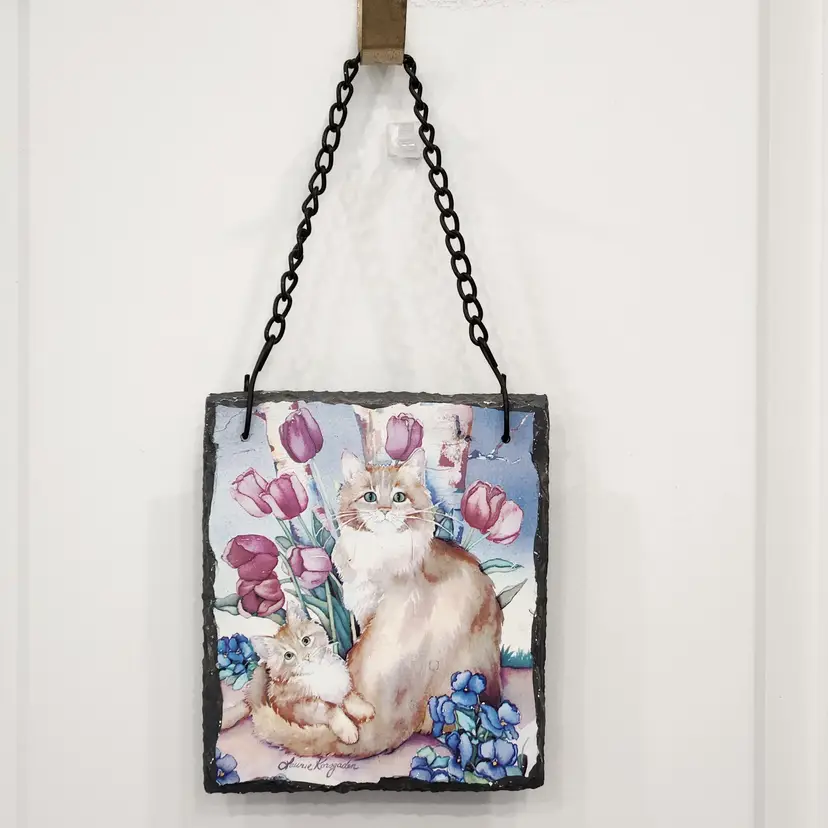 Outdoor Cat Sign Plaque Hand Painted Momma Cat & Kitten Laurie Korogaden Slate 6.5x5.5