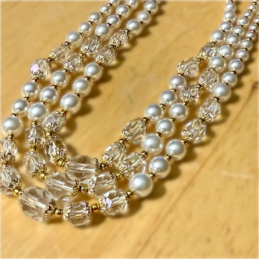 Vintage Faux Pearl Glass AB Gold Accents Triple Strand Necklace