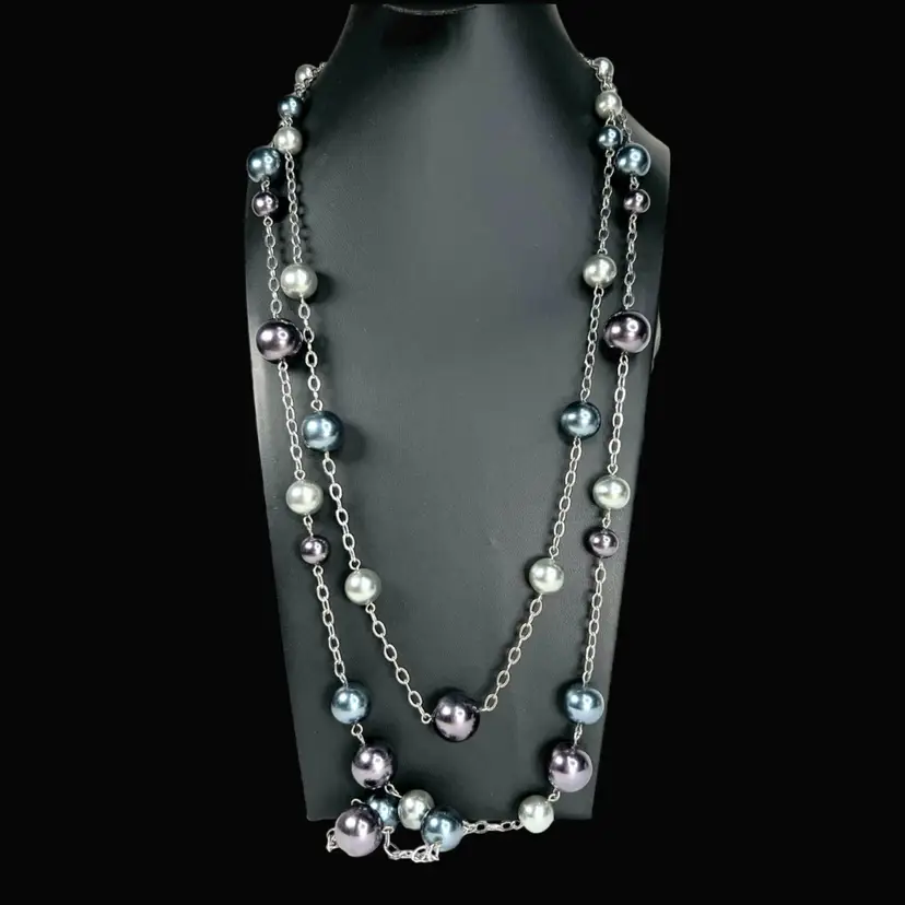 34” LIA SOPHIA Double Strand Multi-color Faux Pearl Necklace. Silver-tone Chain. Signature Tag On Chain. 3” Extender.
