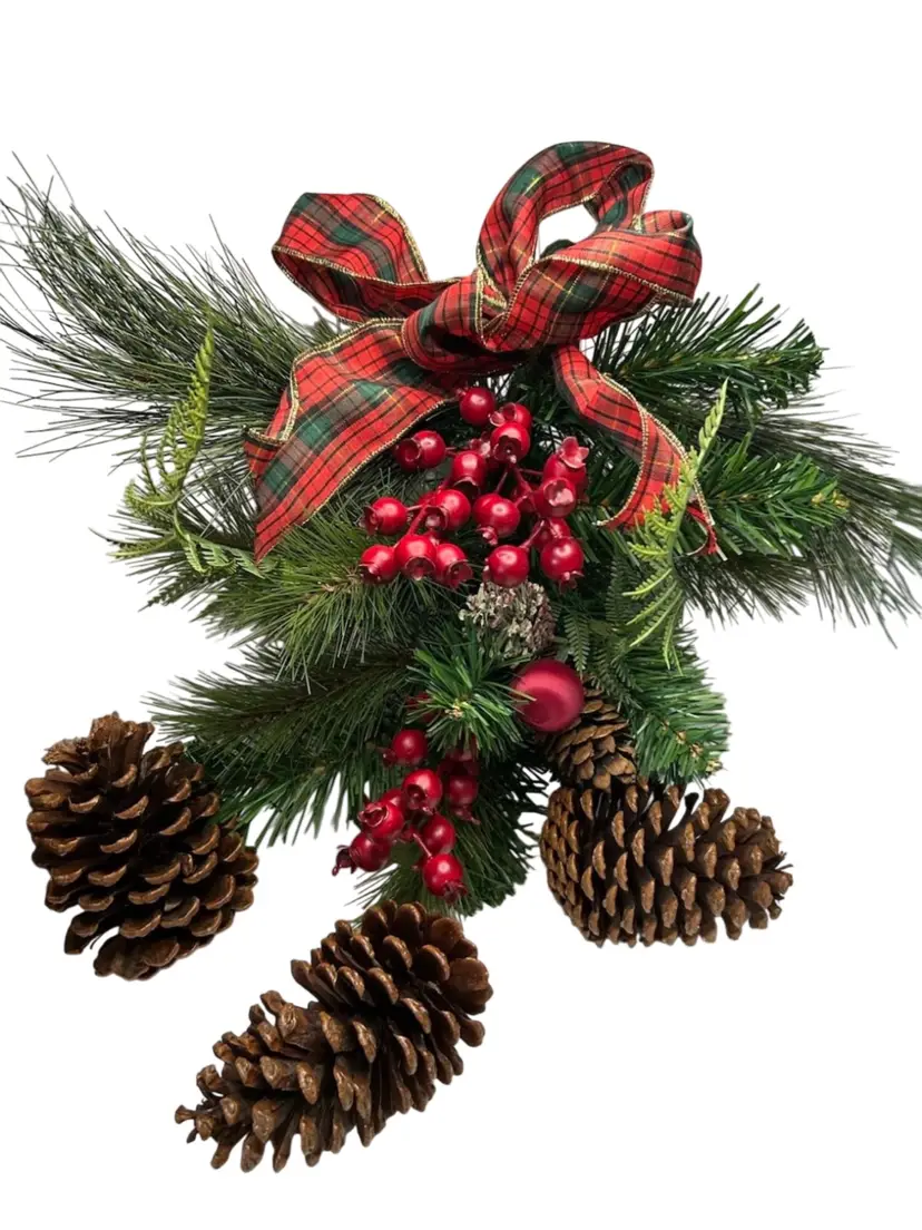 Pine Come And Pine Greenery With Berries And Ribbon Hanging Decor @25” When Displayed