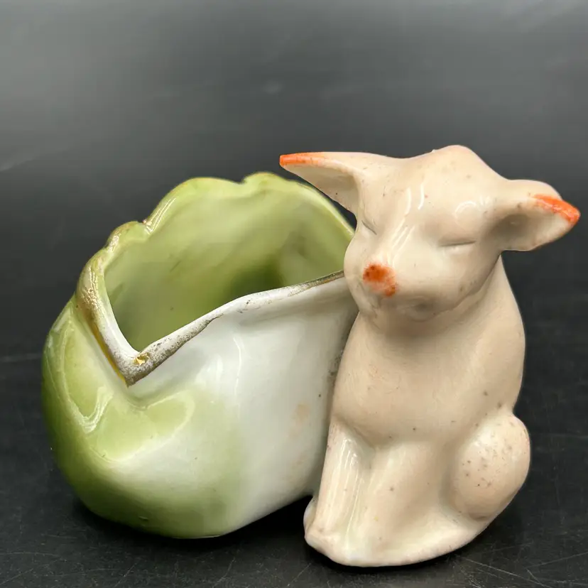 Antique German Fairing Pig Toothpick Match Holder Purse Bag Ceramic Figurine
