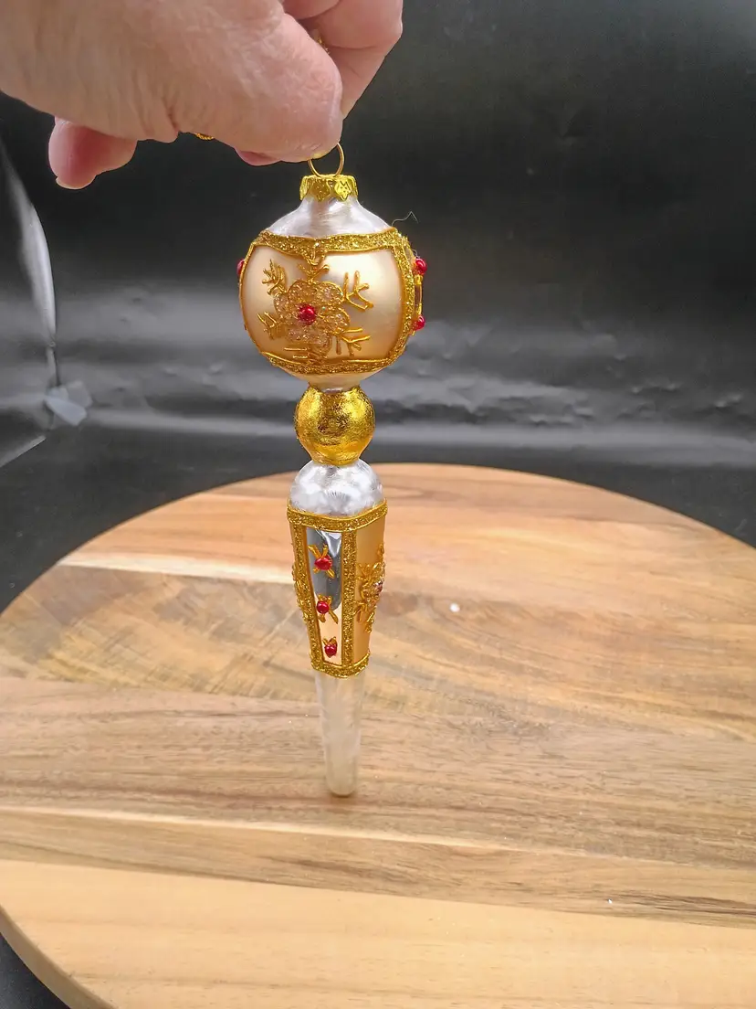 White & Gold Bejeweled Spire Finial Style  Blown Glass Ornament.