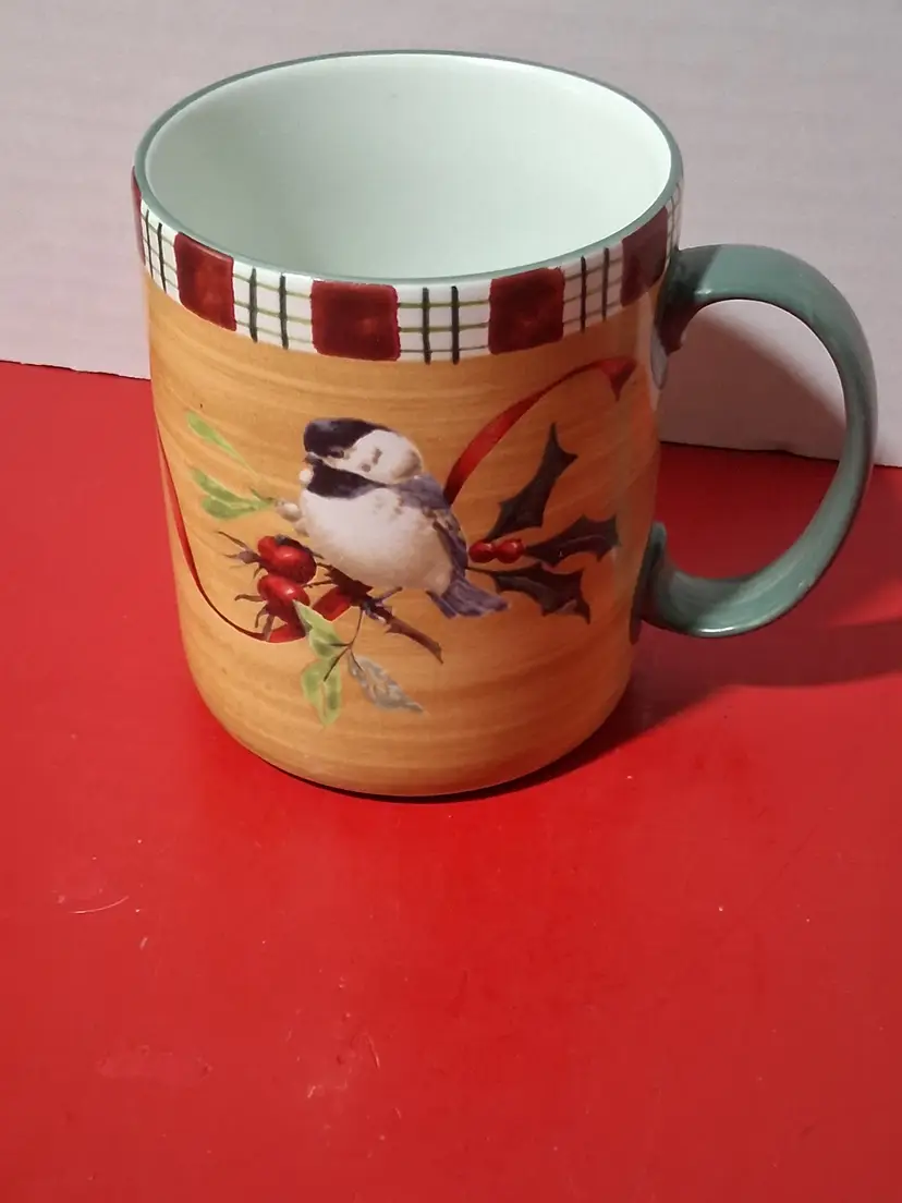 Lenox Charming Winter Chickadee Bird Ceramic Mug with Holly Design