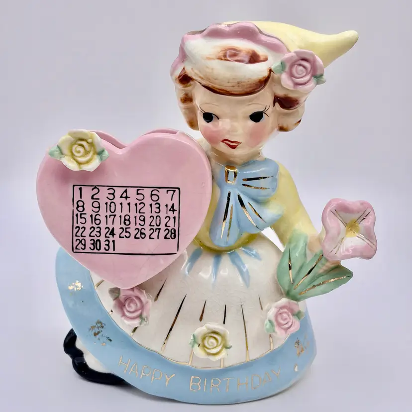 Vintage, 1950’s, Bristol, Happy Birthday, Calendar, Yellow Dress, Girl Vase
