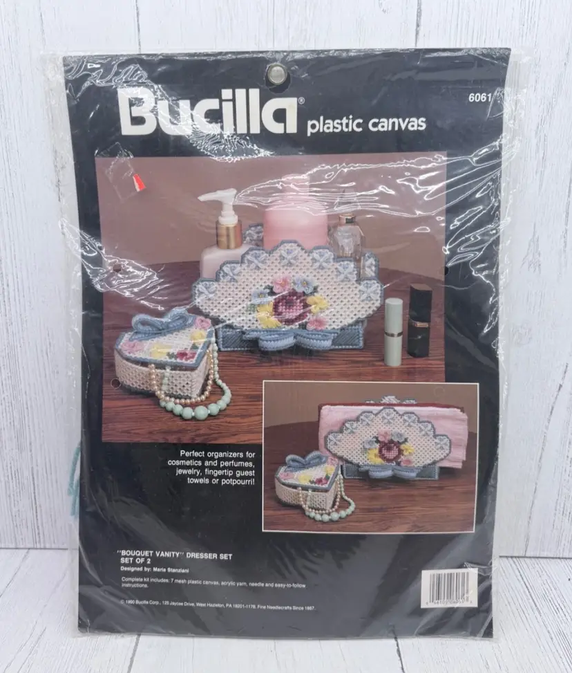 Bucilla Plastic Canvas Bouquet Vanity Dresser Set of 2 Organizer Kit Vtg 1990
