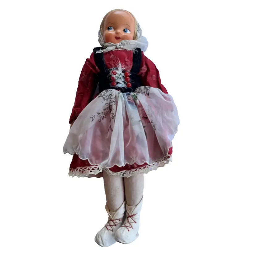 Vintage Polish Folk Costume Doll 14″ Red Embroidered Dress Lace Boots Scarf 1950s
