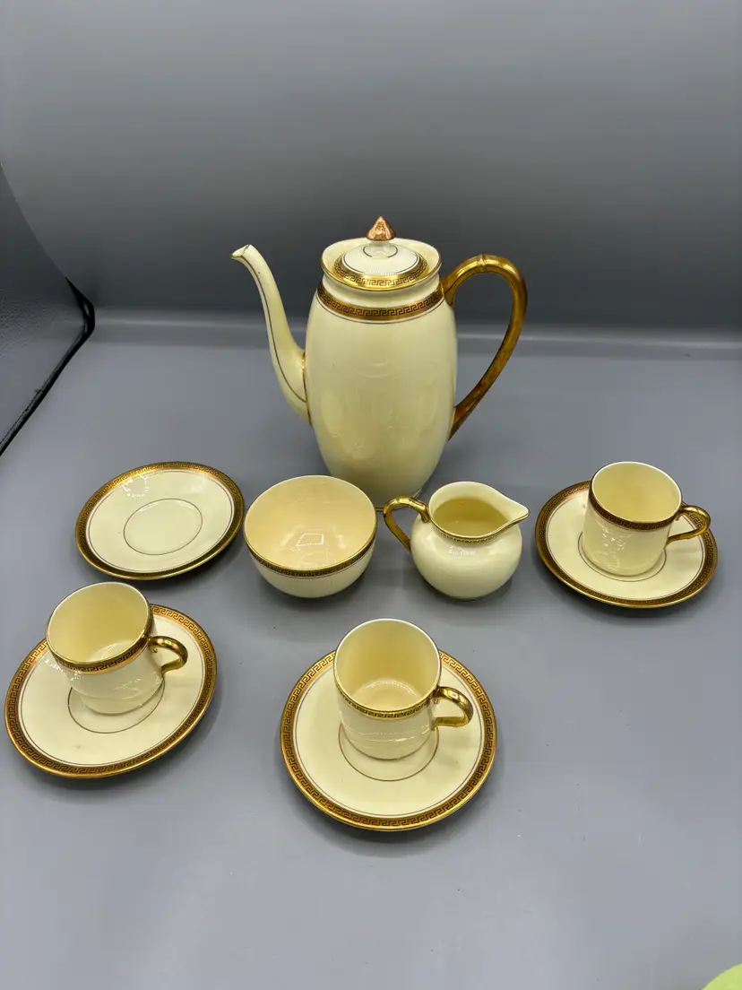 Vintage 10 piece Adderley gold & cream Greek Key tea set