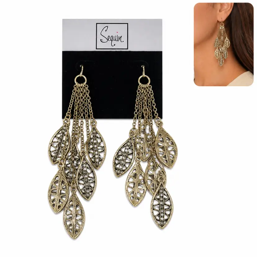 Nordstrom Sequin Drop Dangle Feather Leaf Brushed Gold CZ Statement Earrings