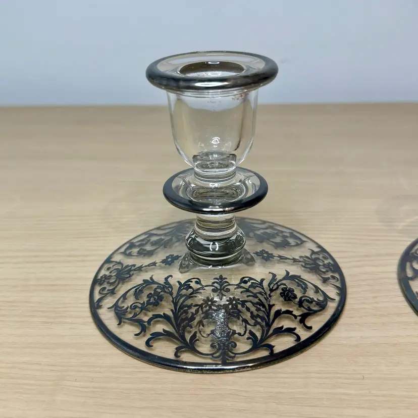 Vintage Sterling Silver Floral Overlay Glass Candlesticks, Pair