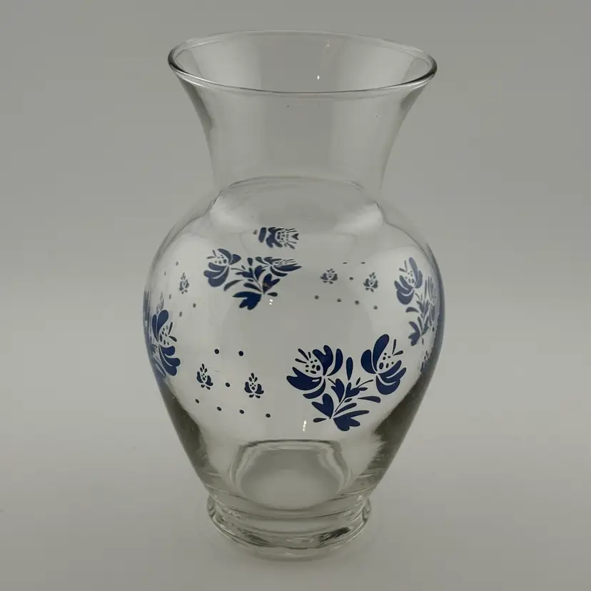 Pfaltzgraff Yorktowne Blue Floral Clear Glass Vase 5” Vintage Country Cottage