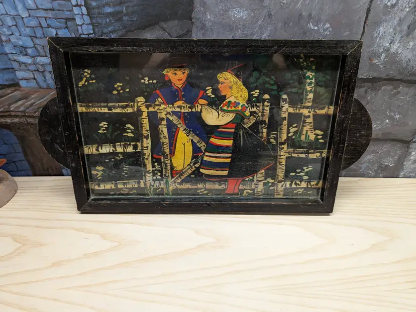 K Anderson Signed Hand Painted Tray: Swedish Folk Art Couple, Birch Fence Glass Top