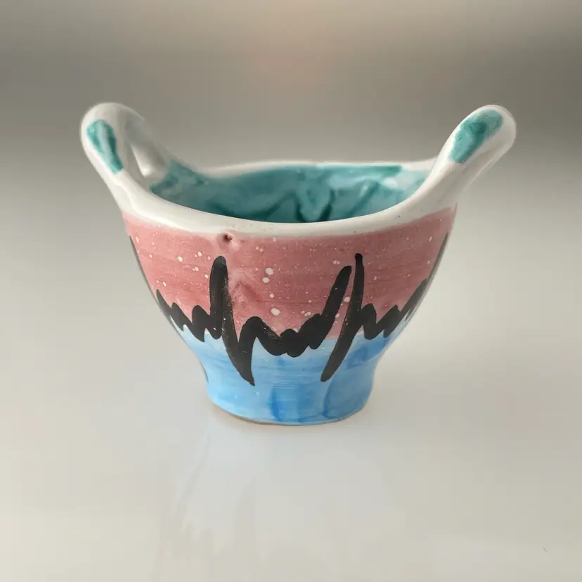 Pink Blue Heartbeat Italian Redware Pottery Egg Cup Mini Basket Vintage Italy 1.75"