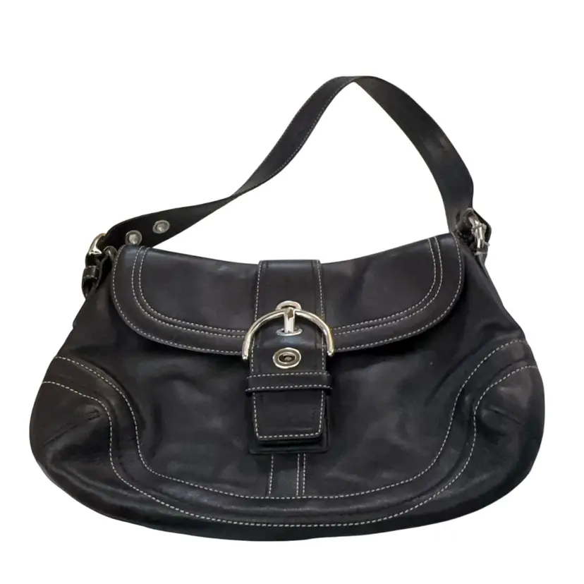 VTG COACH F10910 Soho Medium Black Leather Shoulder Bag With White Stitching Silvertone Hardware