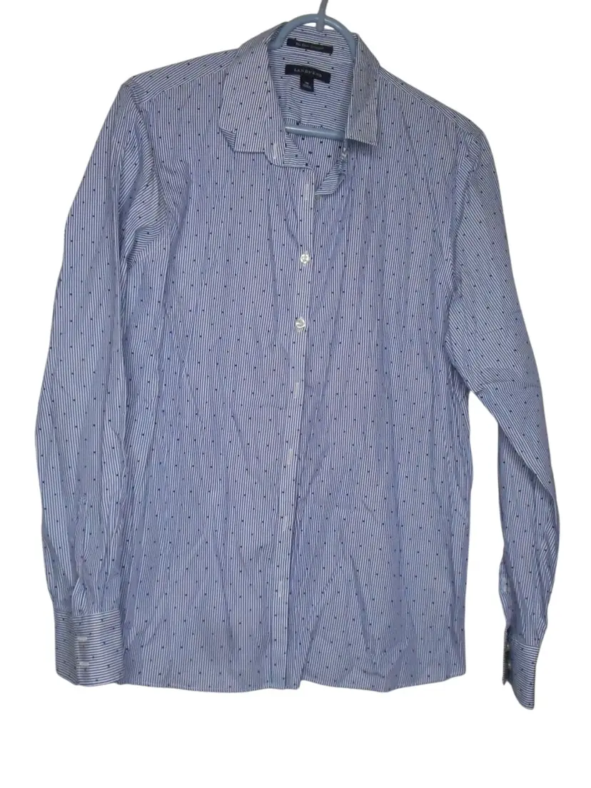 Lands End Sz 16 No Iron Supima Cotton Button Blouse Blue White Stripe Polka Dots