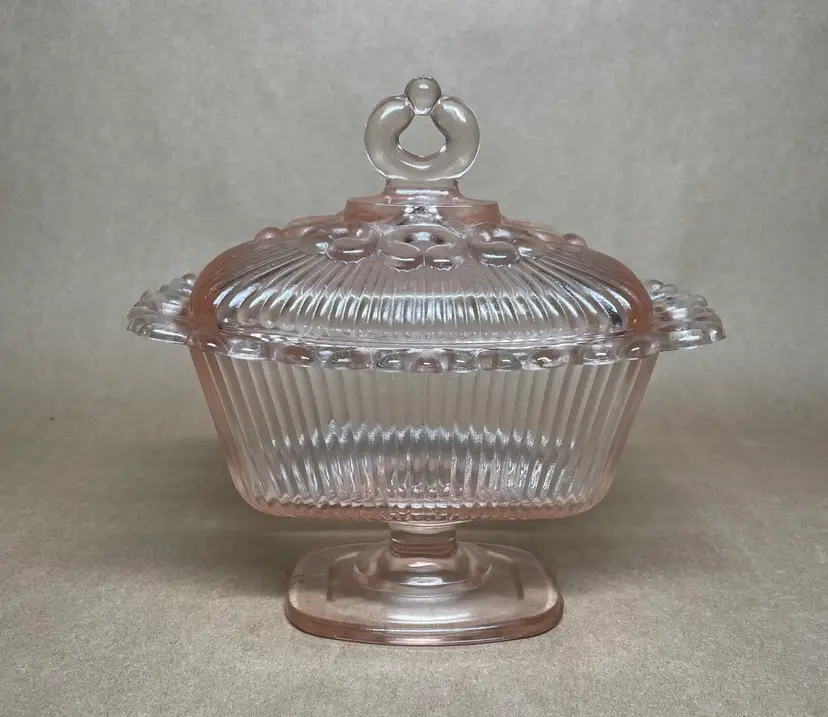 Indiana Glass Pink Glass Lace Edge Rectangle Lidded Pedestal Candy Dish - VINTAGE