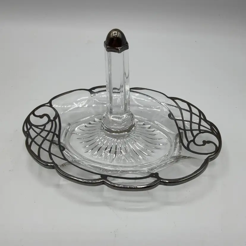 Clear Glass Ring Holder Trinket Dish Art Nouveau Silver Overlay