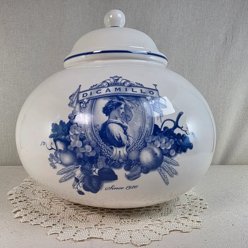 DiCamillo Biscotti Large Ceramic Cookie Jar Canister Blue White Italian Pottery Since 1920