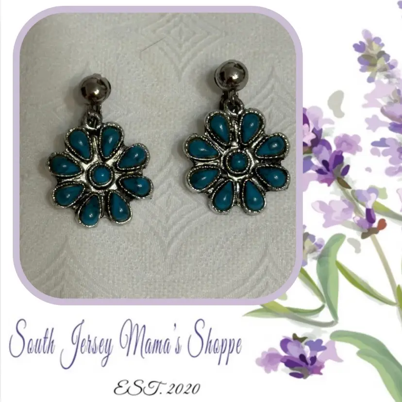 Vintage Silver Tone Floral Clips With Faux Turquoise Beads (162)