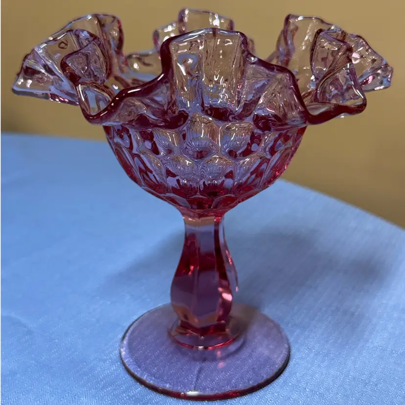Fenton Pink Thumbprint Compote/candy dish bright pink glow with black light 6”