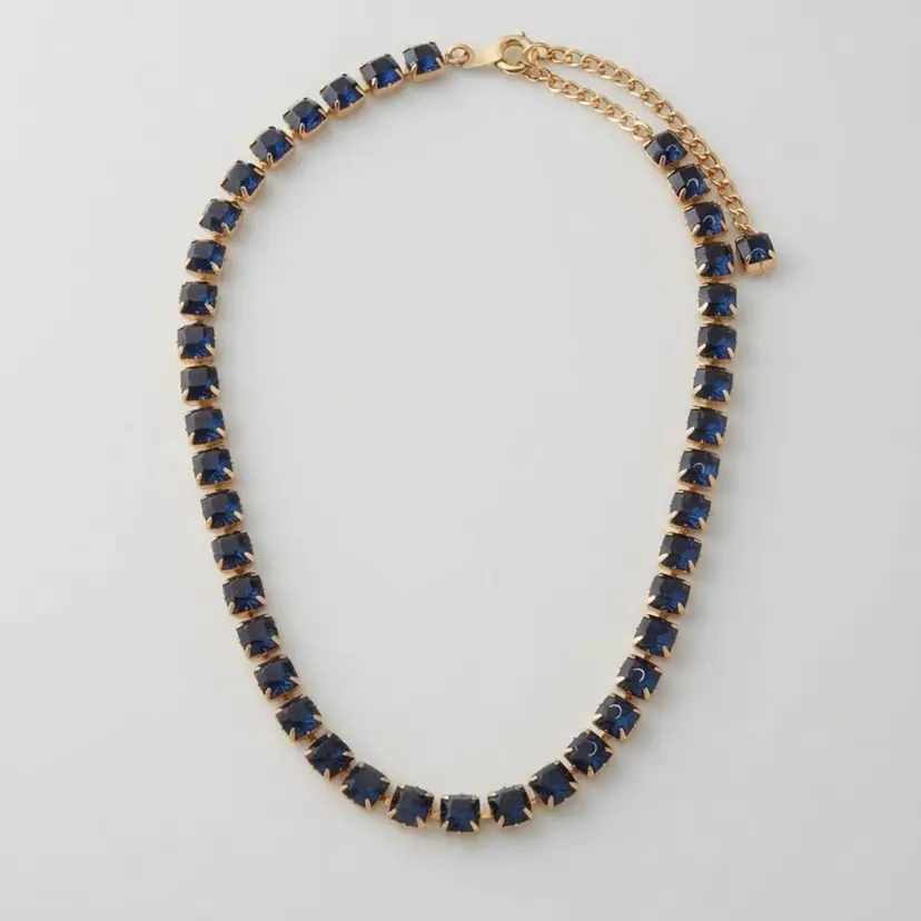 Gold-Tone Dark Navy Blue Square Rhinestone Statement Necklace, Adjustable Length