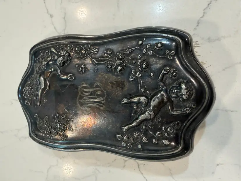 🪹Antique Silver Plate Hair Or Clothes Brush With Cherub Repoussé