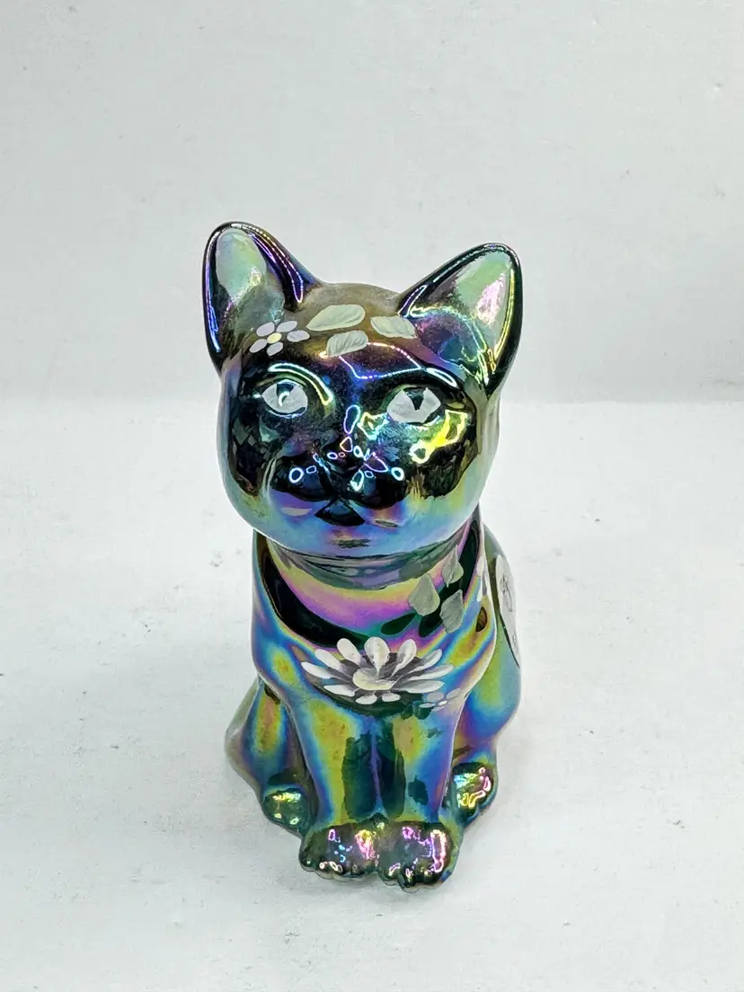 Vintage Fenton Green Carnival Iridescent Hand Painted Floral Glass Cat A1214