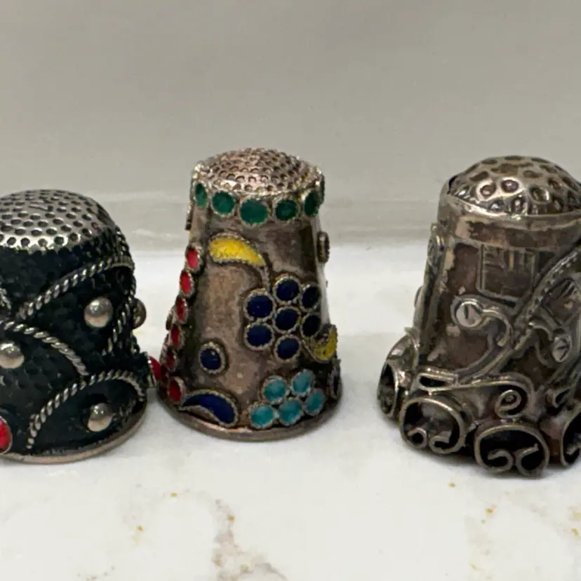 Vtg 3 Ethnic Silver Tone Thimbles - Jeweled Enamel, Coral & Filigree Tribal