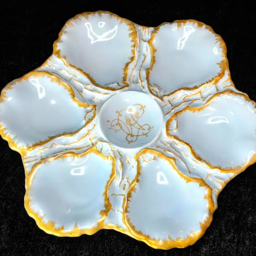 Antique Haviland & Co Limoges Oyster Plate Twinkle Blue Gold Monogram 9" A1041