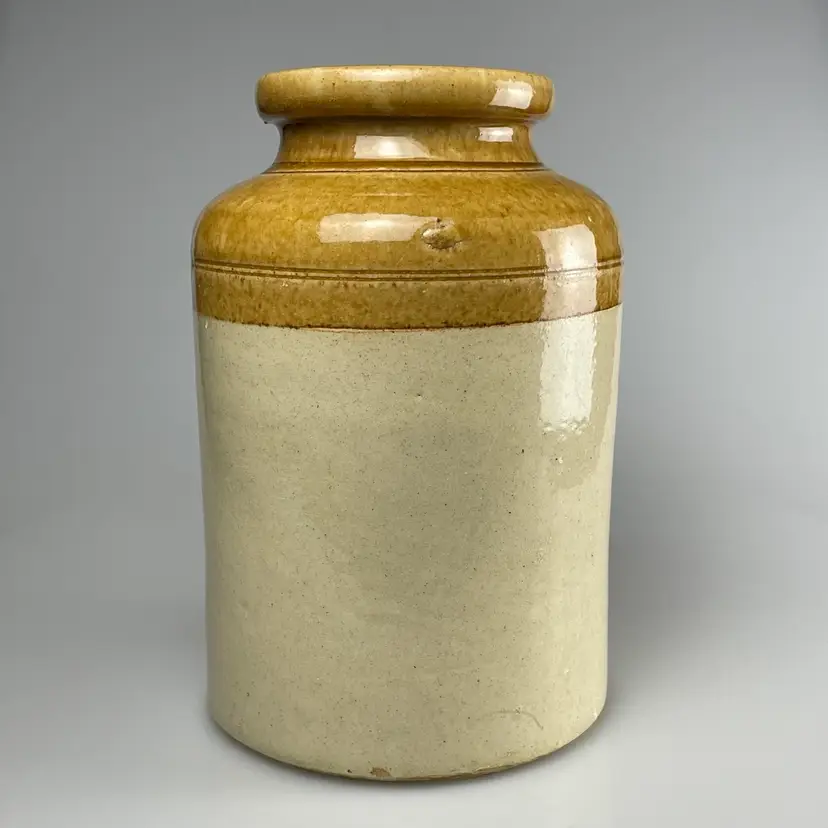 Two Tone Glazed Stoneware Pottery Crock Utensil Holder Primitive Farmhouse Vintage 8.5”