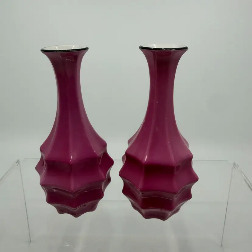 2 Small Vintage  Bavaria Germany Porcelain Bud Vases Pink W Black Rim
