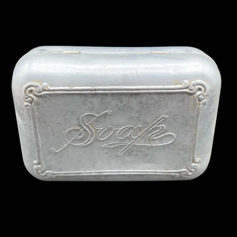 #172A Vintage 1930’s B. Hecker. NY Aluminum Soap Dish/Travel Tin With Pressed Scrollwork On Lid ‘Soap’
Attributed to military in WWII
