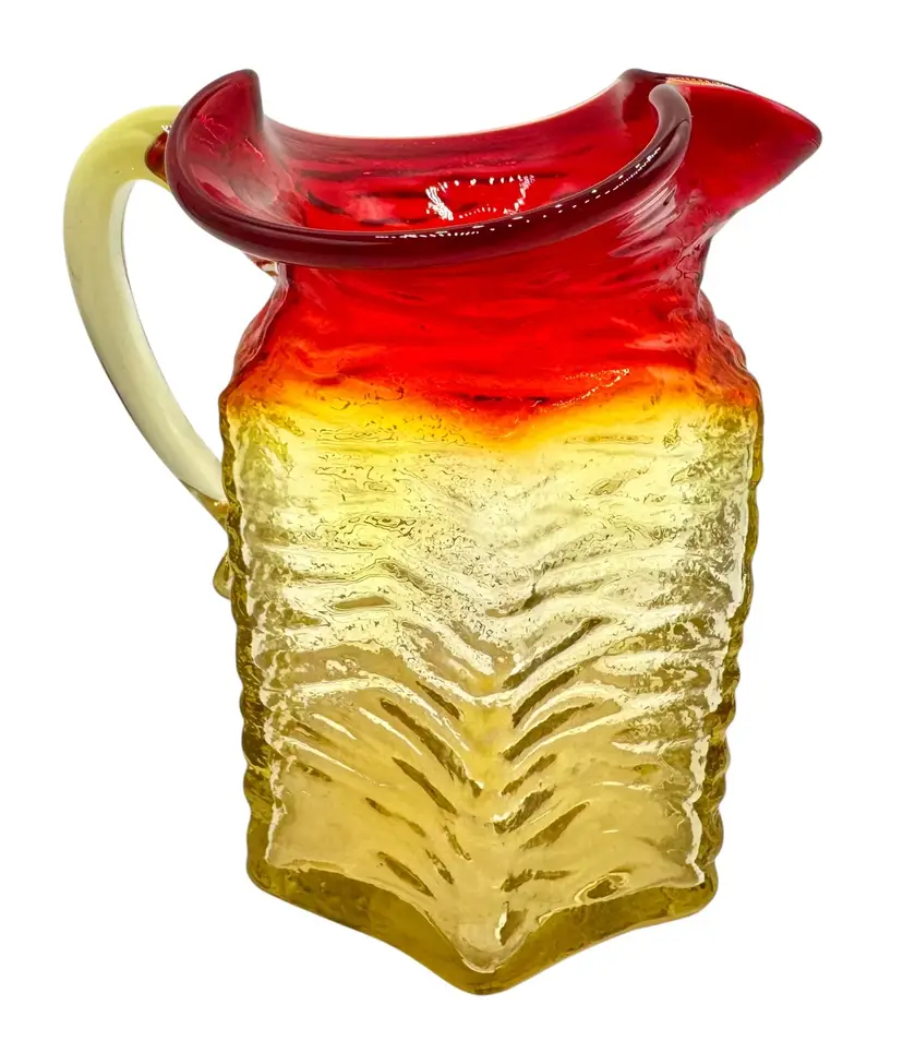 Vintage Amberina Glass Cruet Creamer Mini Pitcher Crinkled Textured Red Yellow