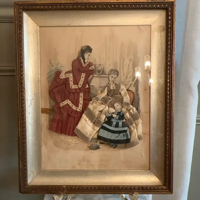 🔔 Antique La Mode Illustree 3D Shadow Box Fabric Dress Embellished French Fashion Art Circa 1870–1885
