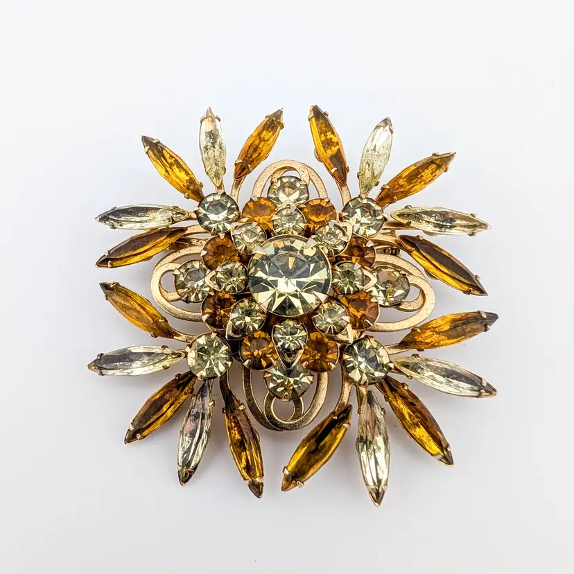 Vintage Signed Judy Lee Sunburst Flower Brooch Champagne and Clear Fall Colors