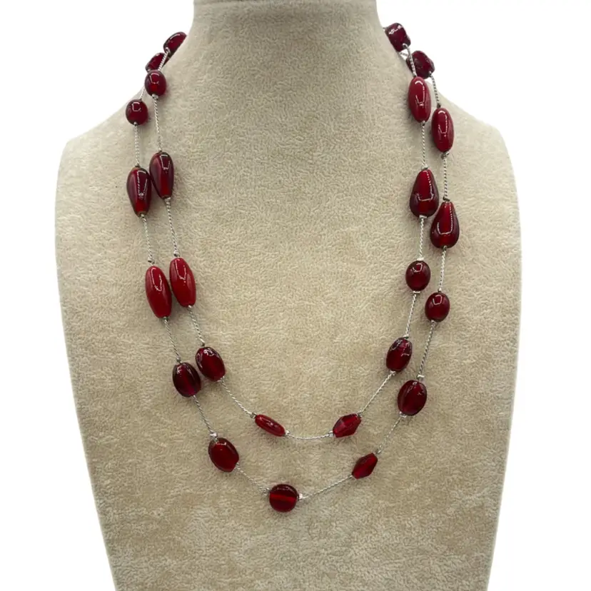 Long Single Strand Red Glass Necklace - 38”