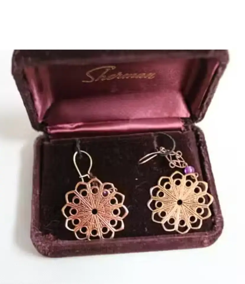 Filigree Copper Rose Gold Tone Earrings with Amethyst Beads in an Old Sherman Burgundy Velvet Box