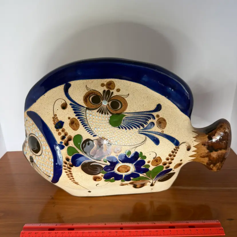 Vintage Extra Large Tonalá Mexico Pottery Fish Sculpture Owl Motif Signed JS Mex