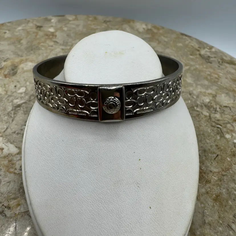 Authentic COACH Signature C Raised Monogram Bangle Bracelet - Silver-Tone