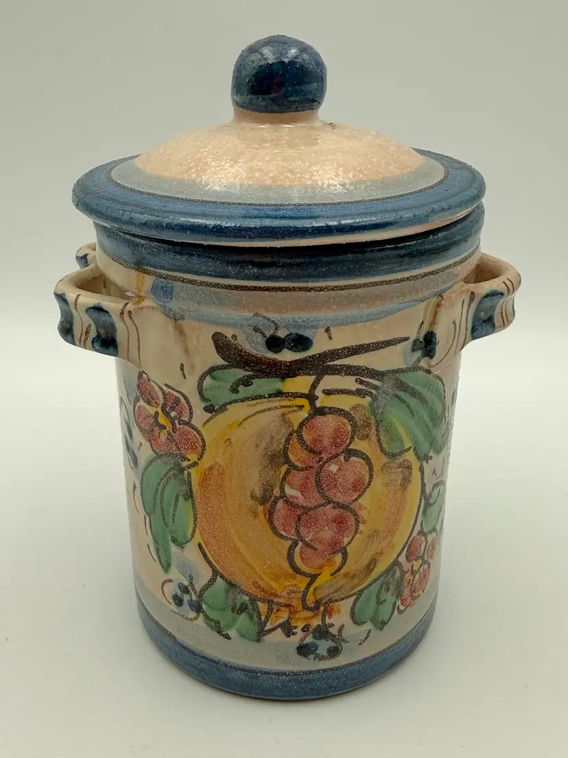 Caltagirone Sicily Matteo Italian Art Pottery Lidded Crock Small Canister Fruit