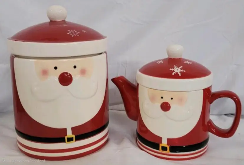 Santa Claus Ceramic Cookie Jar & Teapot Set, 8.5" Jar, 6" Teapot, Holiday Christmas Decor Minor chips on cookie jar lid